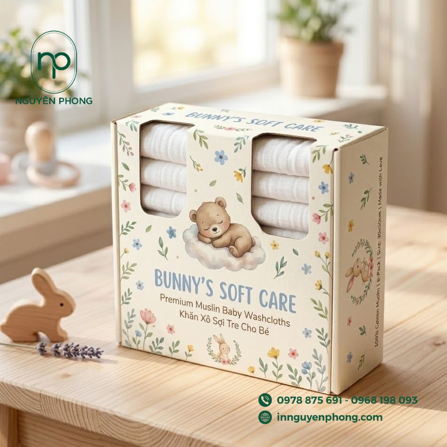 in hộp đựng khăn xô, khăn sữa cho em bé